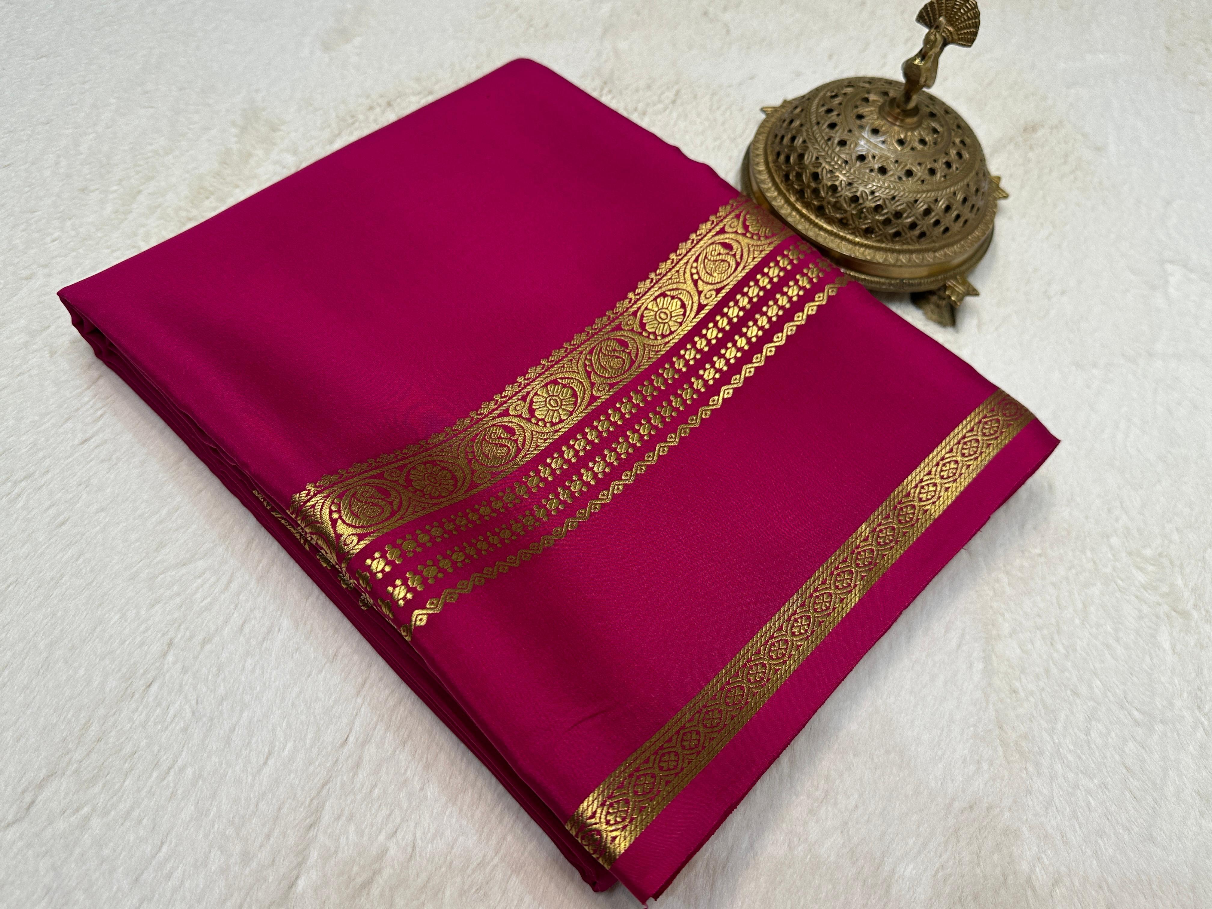 Pink Mysore Crepe Silk by Icultuer with Silver Zari Border