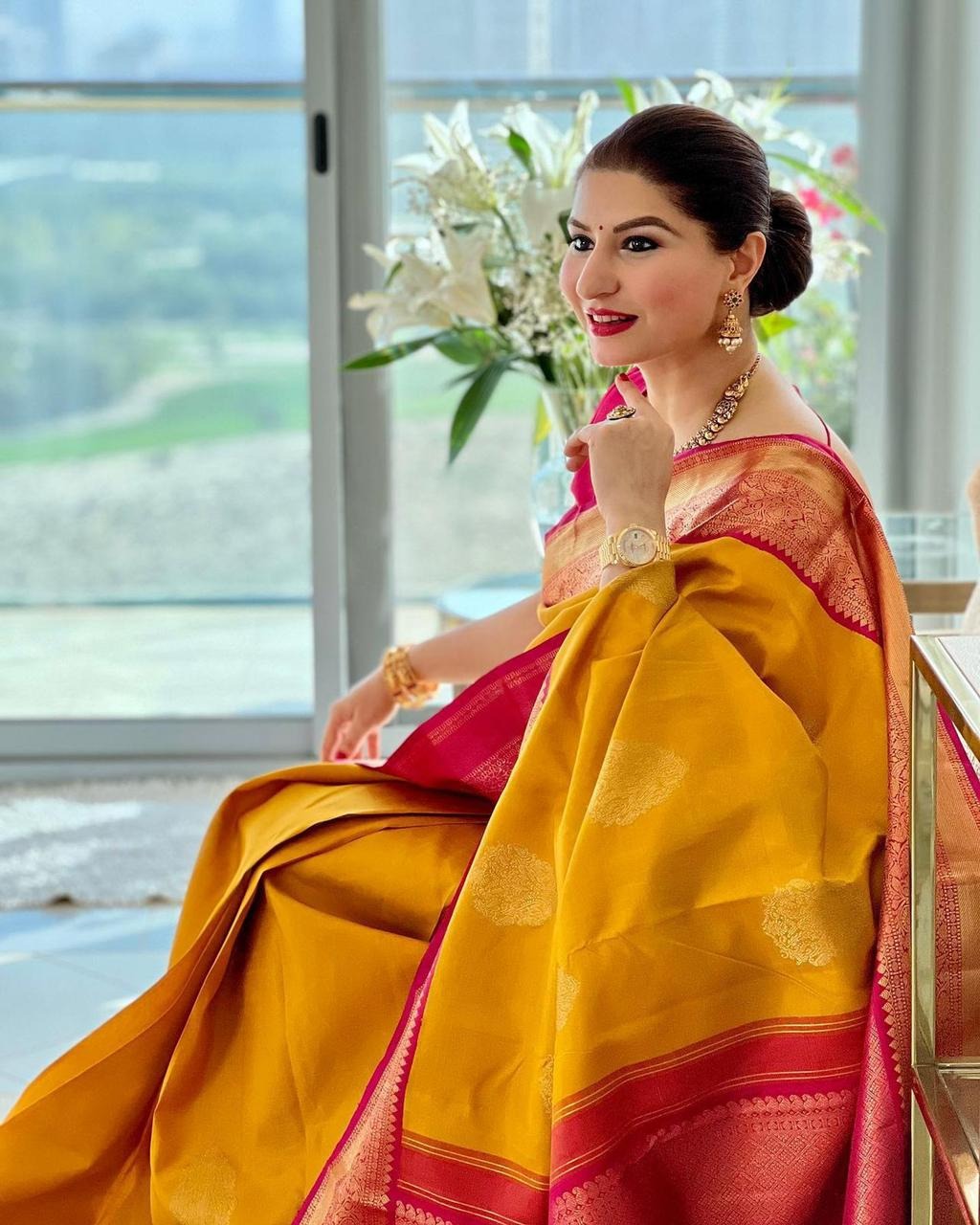 Yellow Soft Banarasi Silk Saree with Jacquard Work and Rich Pink Blouse