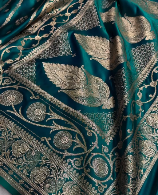 icultural Blue Banarasi Silk Saree with Gold Zari Floral Motifs and Rich Border