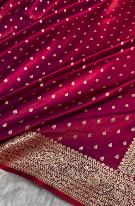 Deep Wine Banarasi Silk Saree with Gold Zari Butta and Heavy Traditional Border