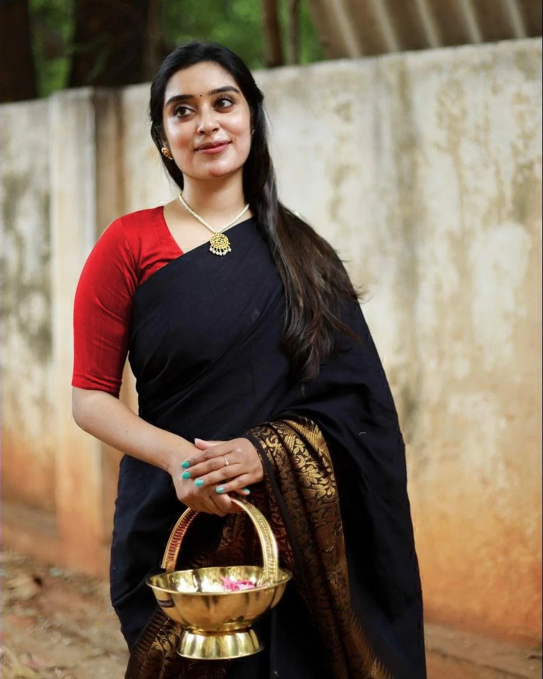 Charvika - Black Soft Silk Saree with icultural Gold Border and White Blouse