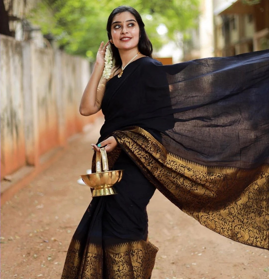 Charvika - Black Soft Silk Saree with icultural Gold Border and White Blouse