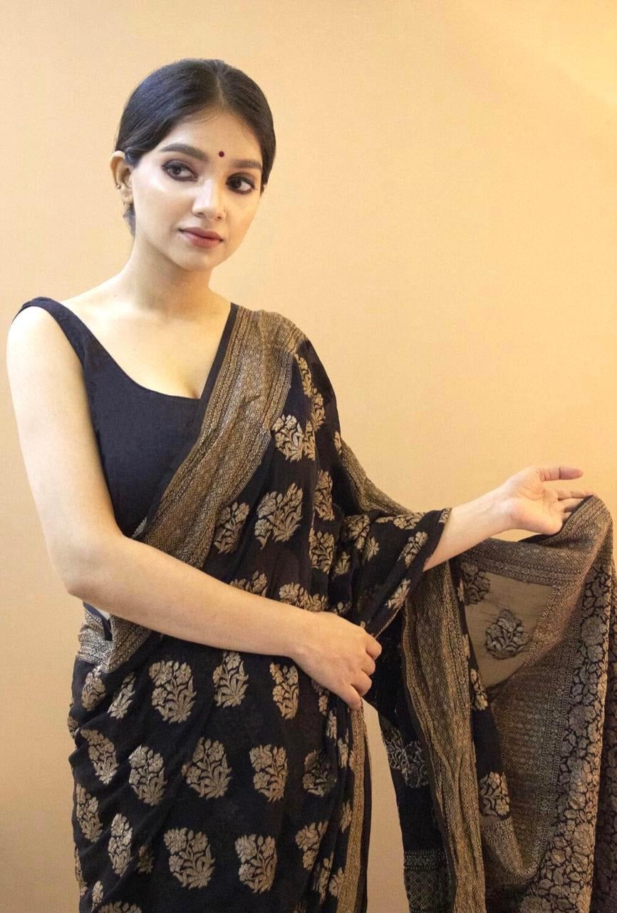 Black Soft Silk Saree with icultural Gold Floral Weave