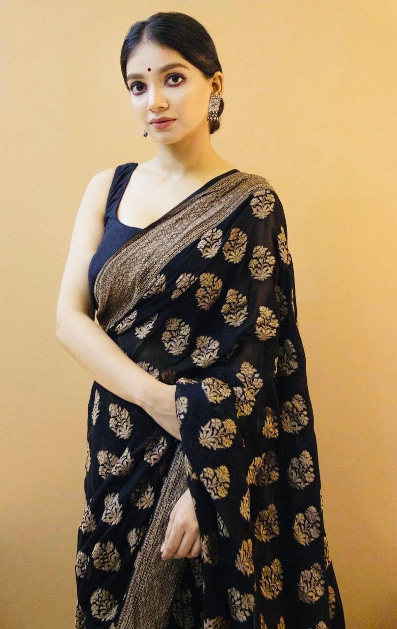 Black Soft Silk Saree with icultural Gold Floral Weave