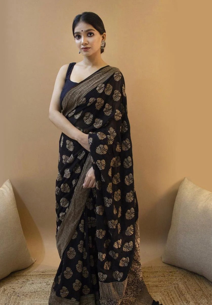 Black Soft Silk Saree with icultural Gold Floral Weave