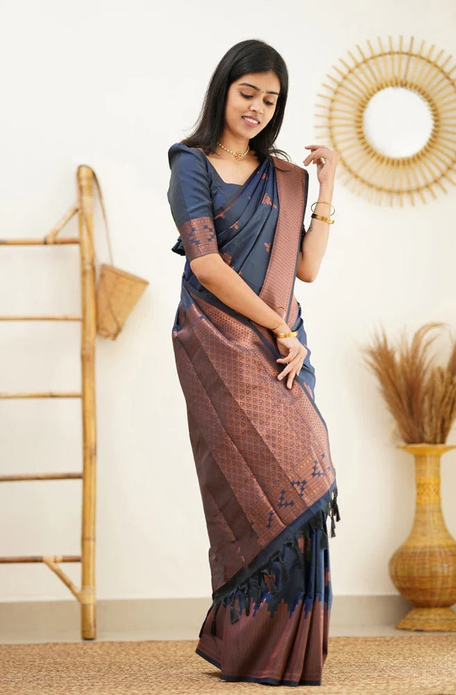 icultural - Blue Soft Silk Saree with Jacquard Woven Border
