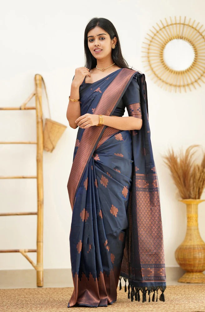 icultural - Blue Soft Silk Saree with Jacquard Woven Border