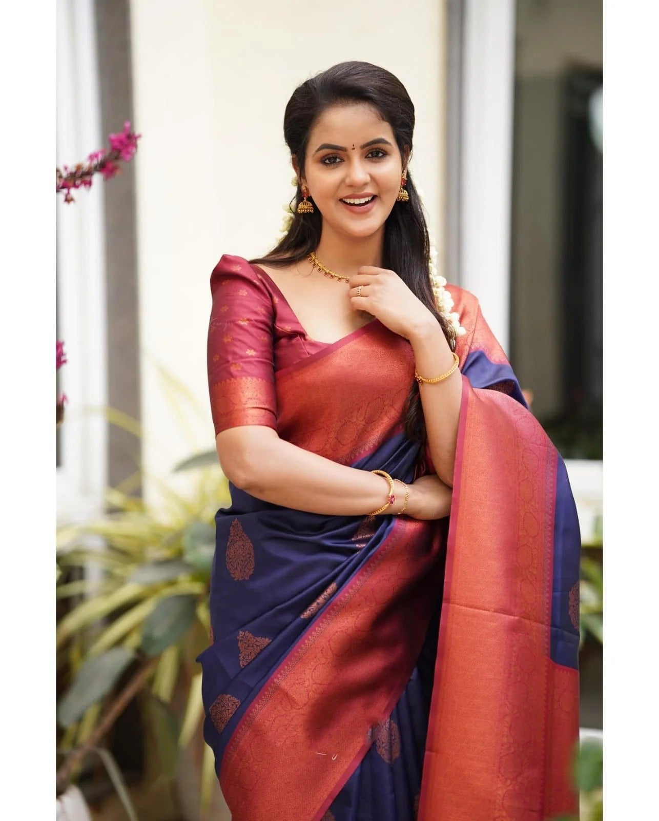 NavyBlue Soft Banarasi Silk Saree with Copper Jacquard Buttas