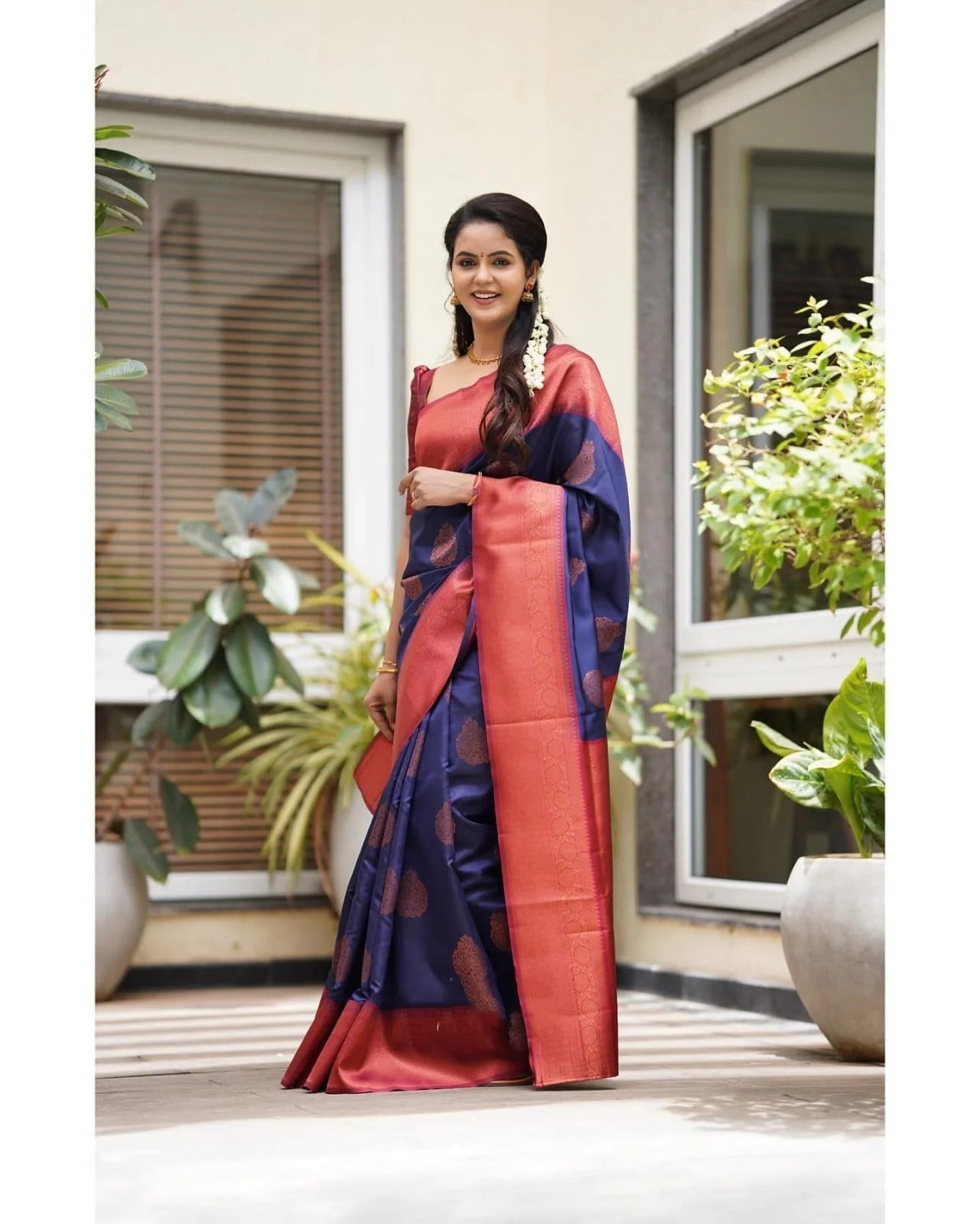 NavyBlue Soft Banarasi Silk Saree with Copper Jacquard Buttas
