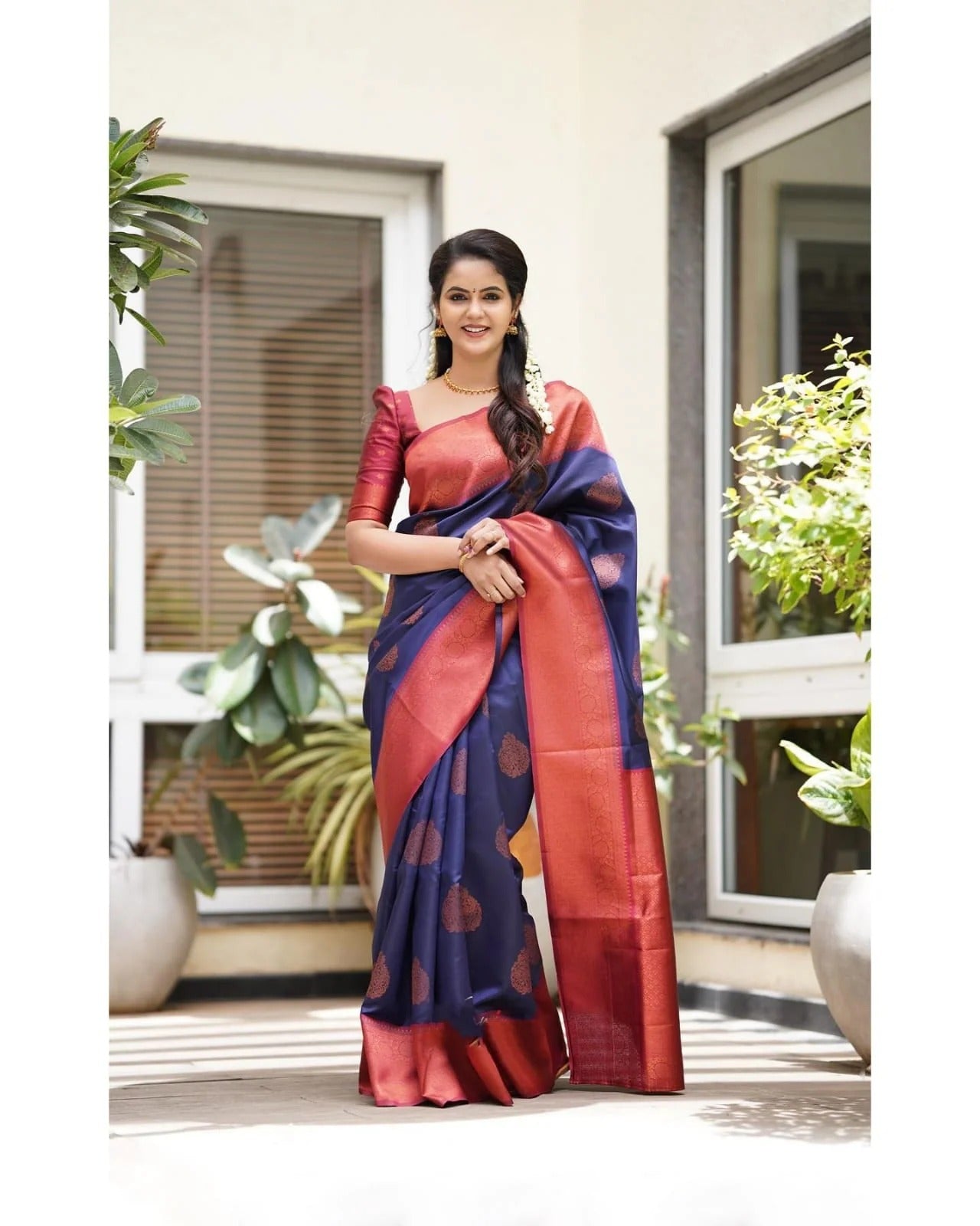 NavyBlue Soft Banarasi Silk Saree with Copper Jacquard Buttas
