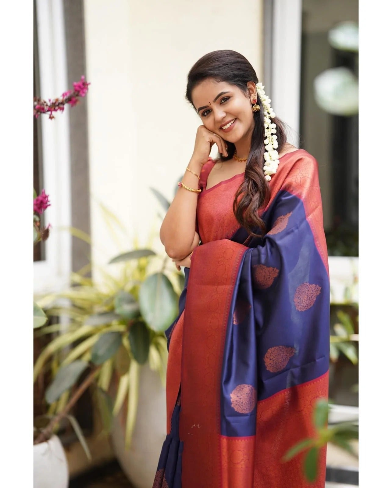 NavyBlue Soft Banarasi Silk Saree with Copper Jacquard Buttas