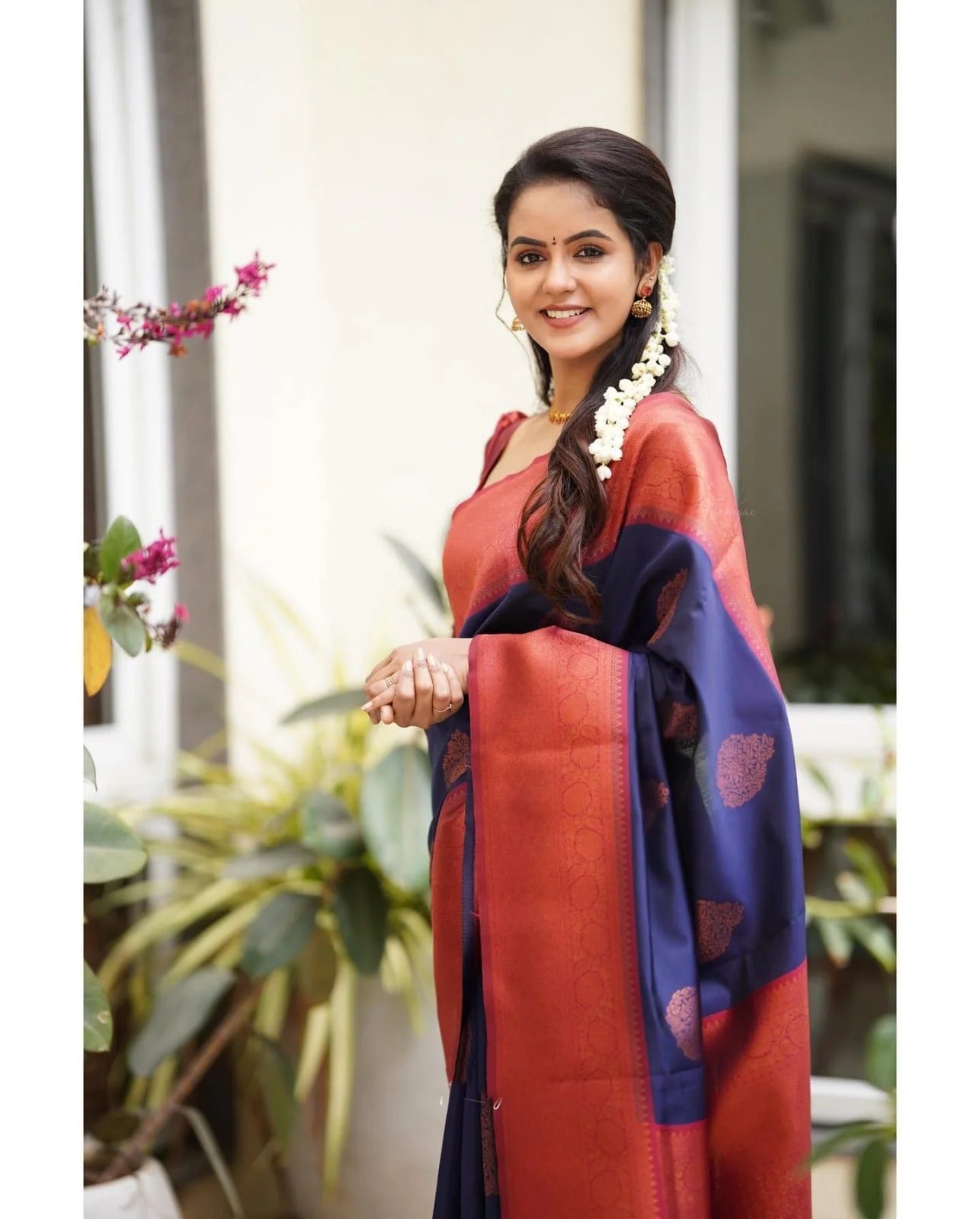 NavyBlue Soft Banarasi Silk Saree with Copper Jacquard Buttas