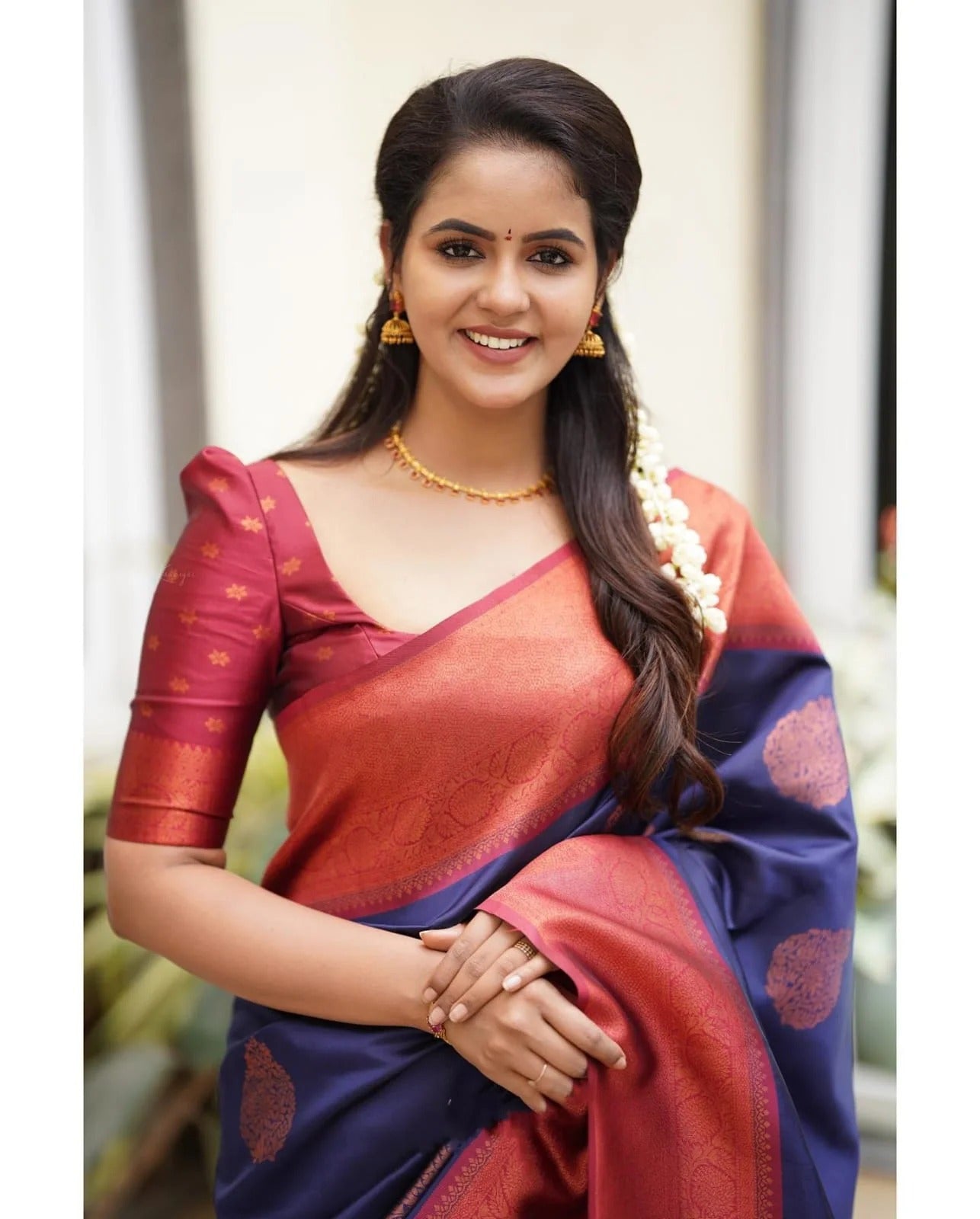 NavyBlue Soft Banarasi Silk Saree with Copper Jacquard Buttas
