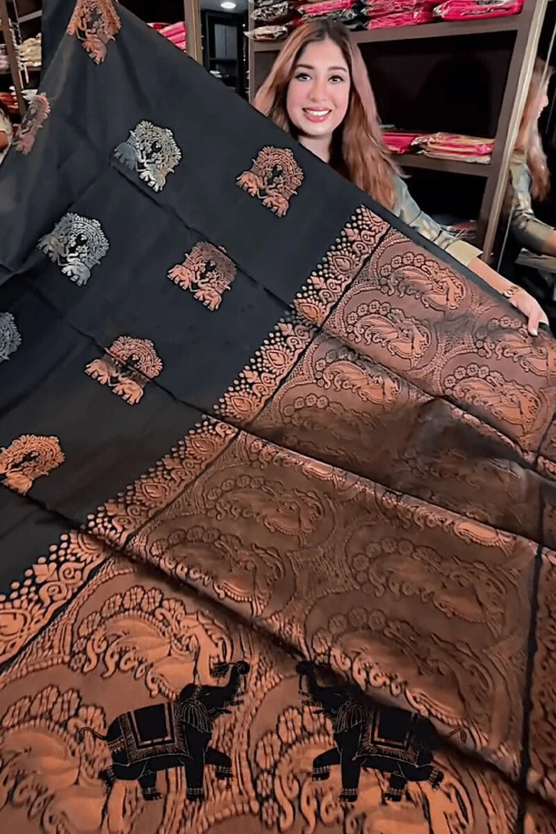 Black Soft Silk Saree with Jacquard Woven Motifs