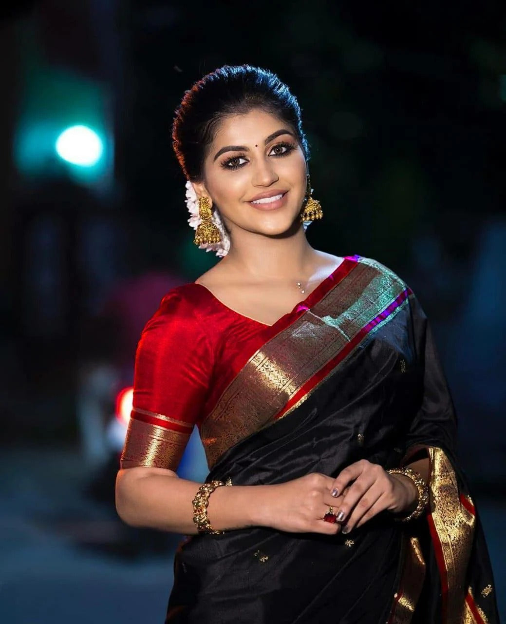 Black Soft Silk Saree with Red Blouse and Golden Zari Border