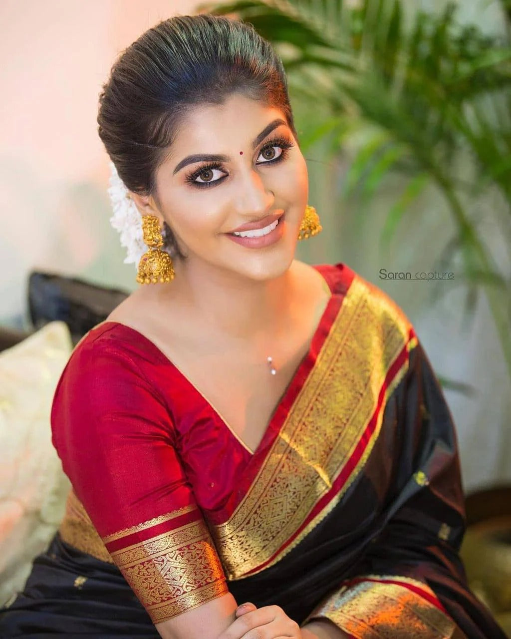 Black Soft Silk Saree with Red Blouse and Golden Zari Border