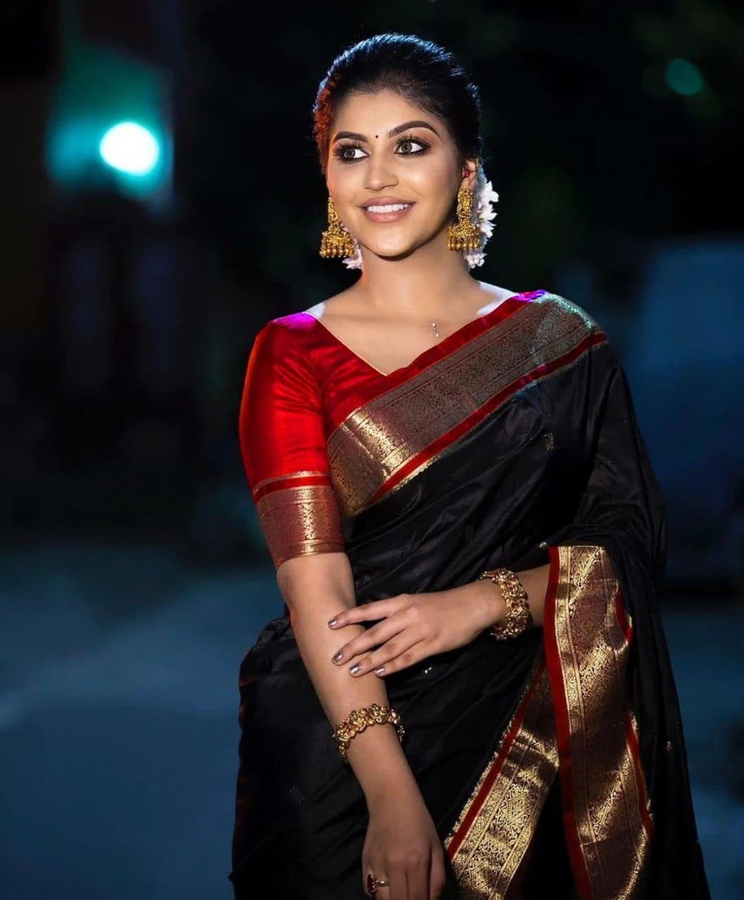 Black Soft Silk Saree with Red Blouse and Golden Zari Border