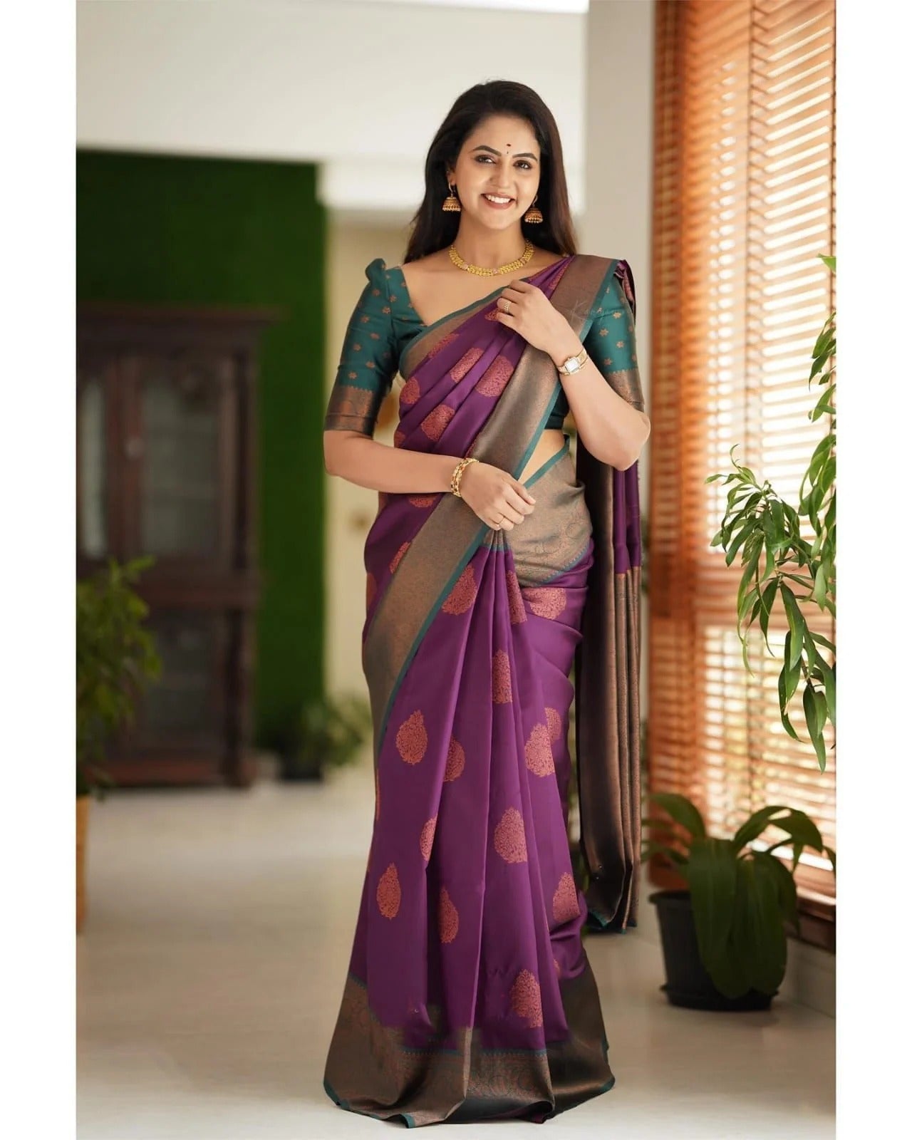 Purple Soft Banarasi Silk Saree with Copper Jacquard Buttas