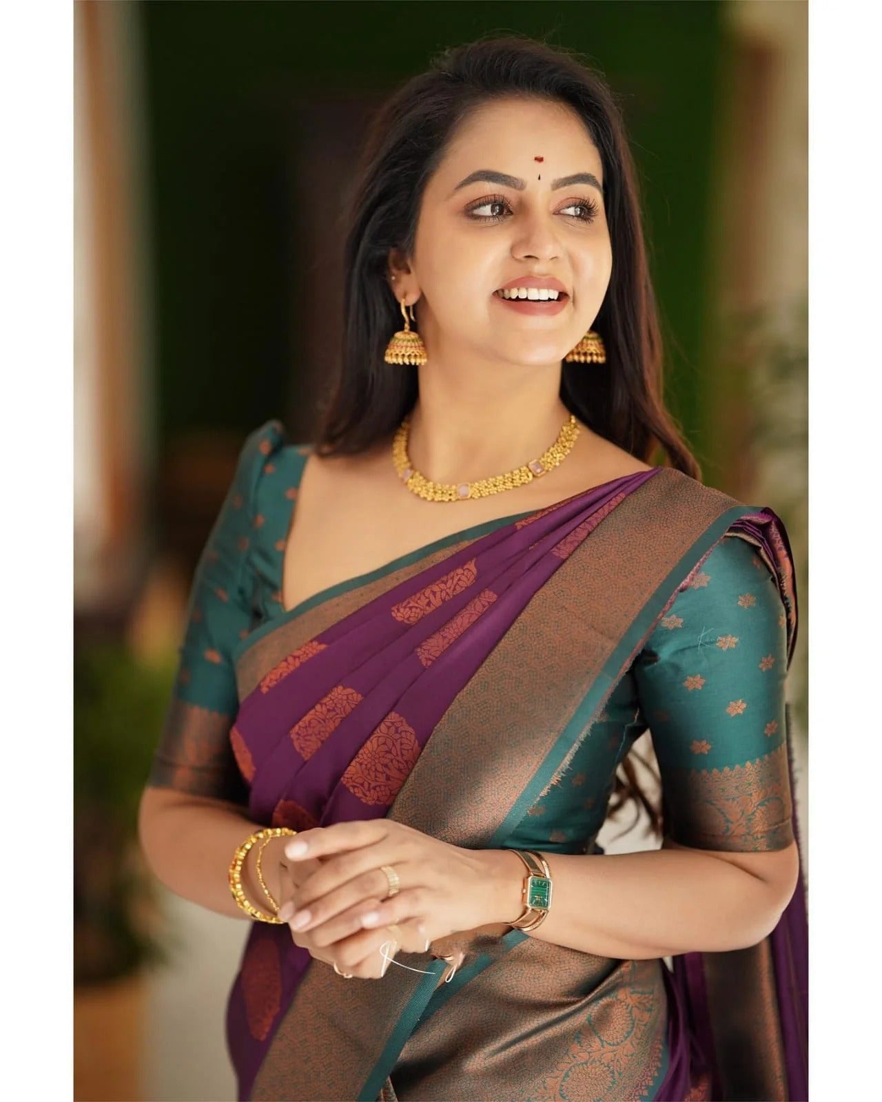 Purple Soft Banarasi Silk Saree with Copper Jacquard Buttas