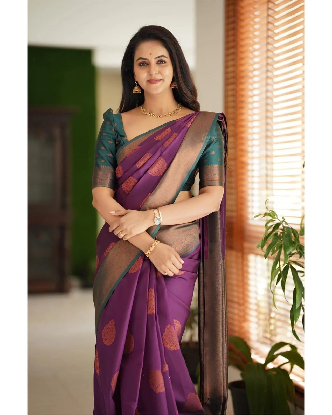 Purple Soft Banarasi Silk Saree with Copper Jacquard Buttas