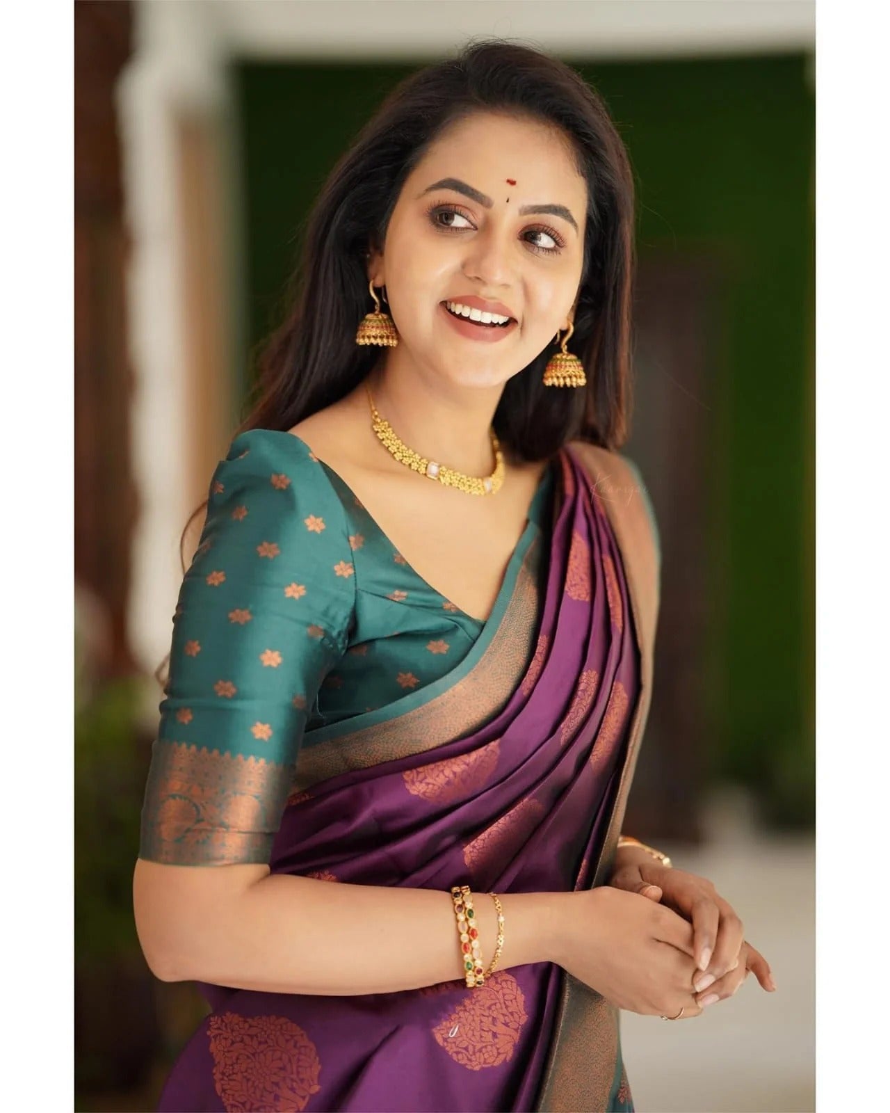 Purple Soft Banarasi Silk Saree with Copper Jacquard Buttas
