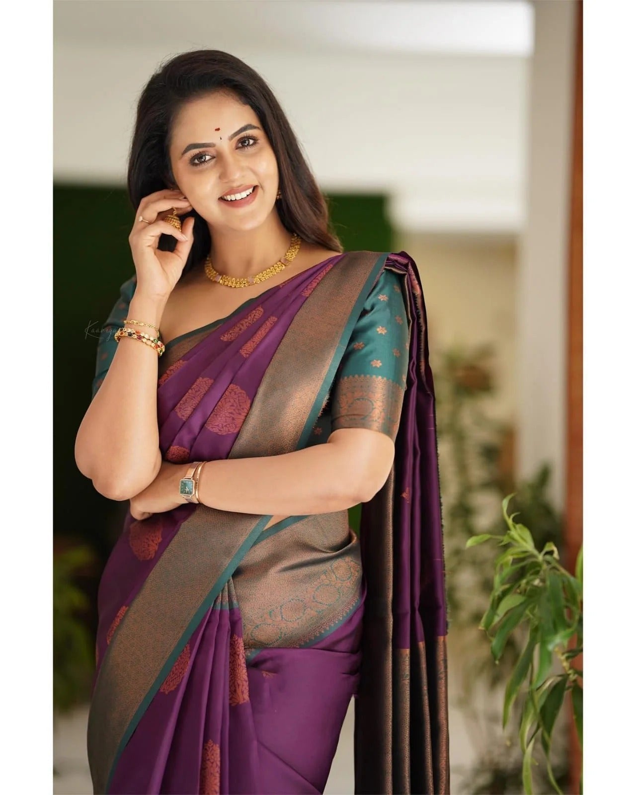 Purple Soft Banarasi Silk Saree with Copper Jacquard Buttas