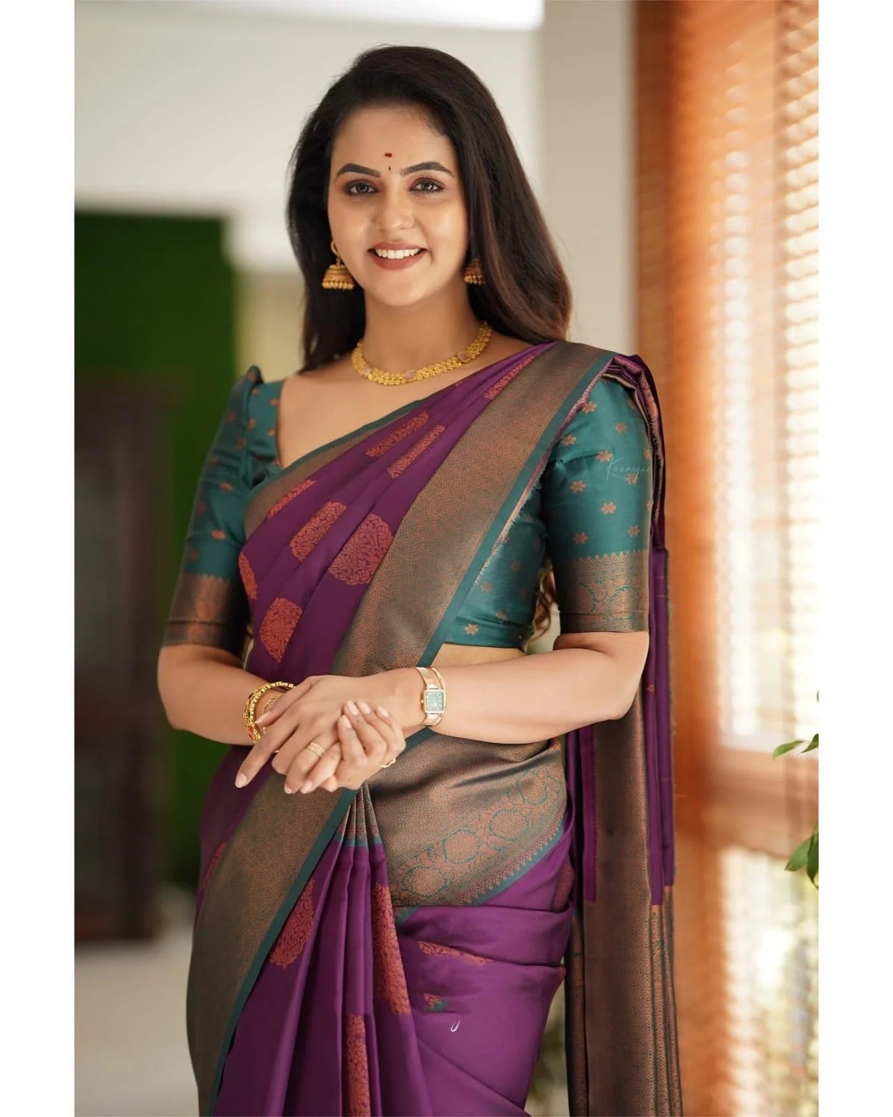 Purple Soft Banarasi Silk Saree with Copper Jacquard Buttas