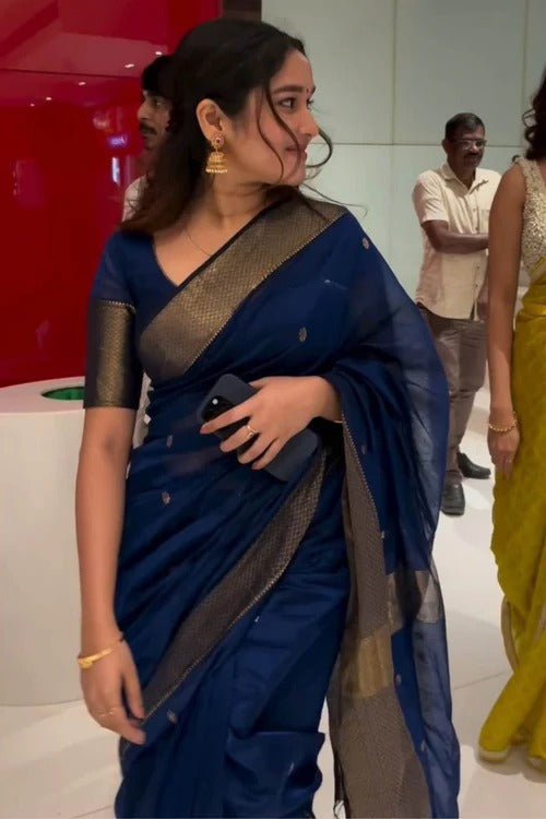 NavyBlue Pure Linen Silk Saree with Jacquard Weaving