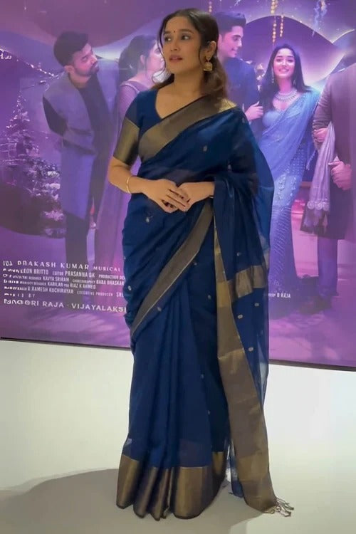 NavyBlue Pure Linen Silk Saree with Jacquard Weaving