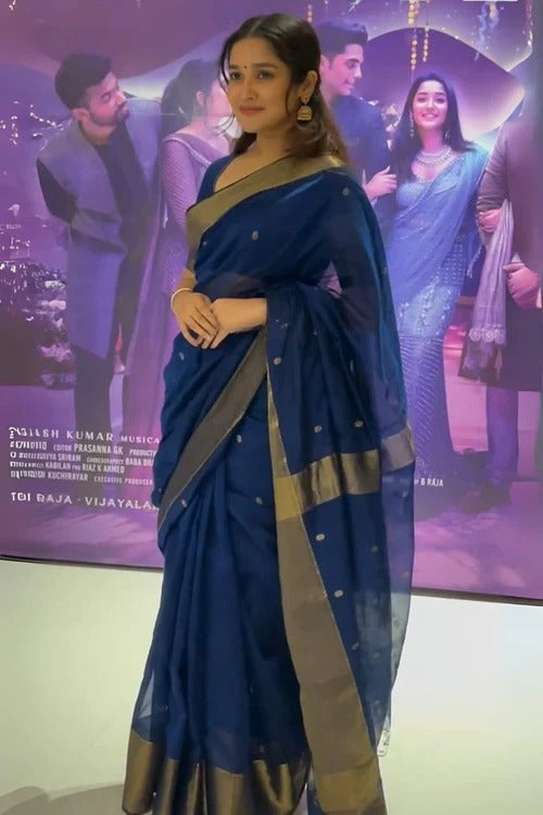 NavyBlue Pure Linen Silk Saree with Jacquard Weaving