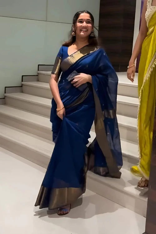 NavyBlue Pure Linen Silk Saree with Jacquard Weaving