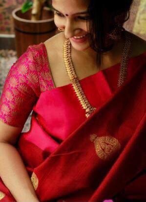 Red Soft Silk Saree with Golden Butta Work and Self-Woven Border