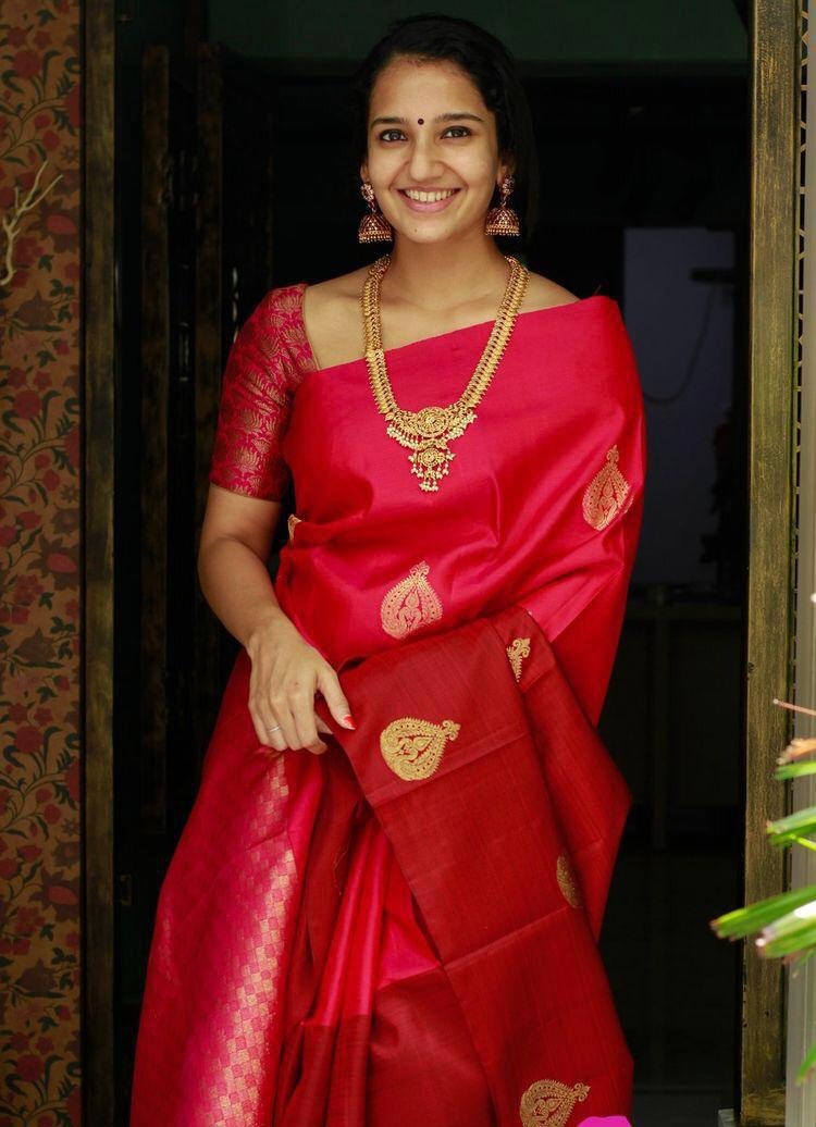 Red Soft Silk Saree with Golden Butta Work and Self-Woven Border