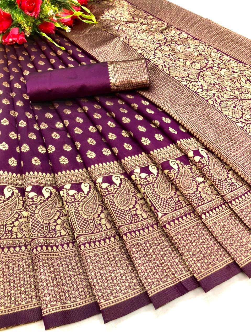 Purple Soft Silk Saree with Golden Paisley Zari Border