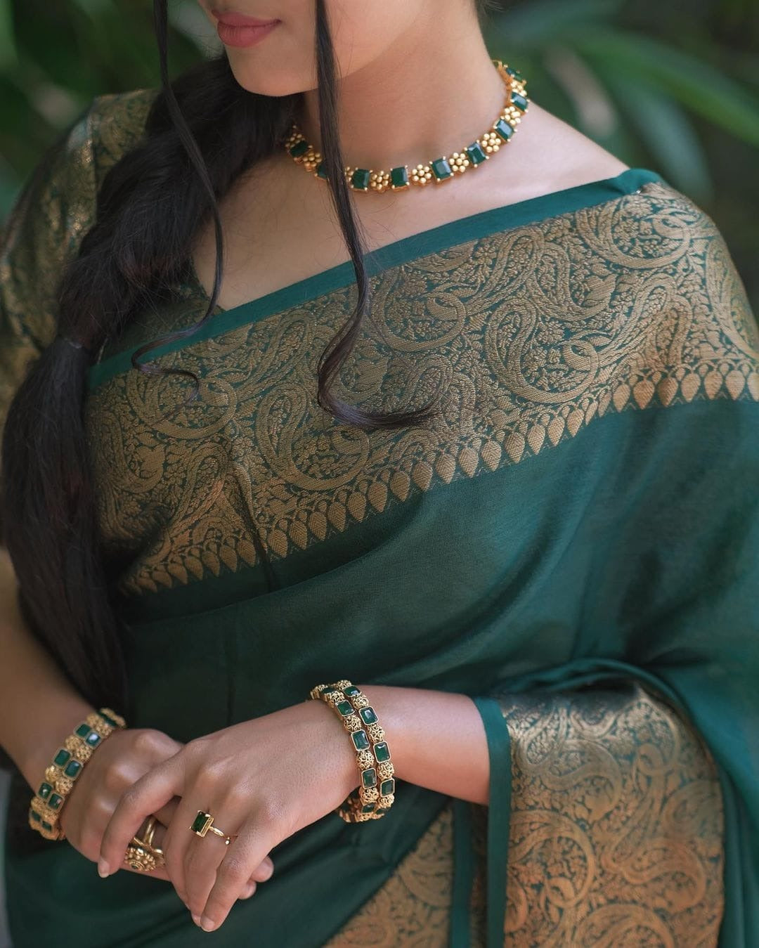 Dark Green Soft Silk Saree with Silver Zari Border and Matching Blouse