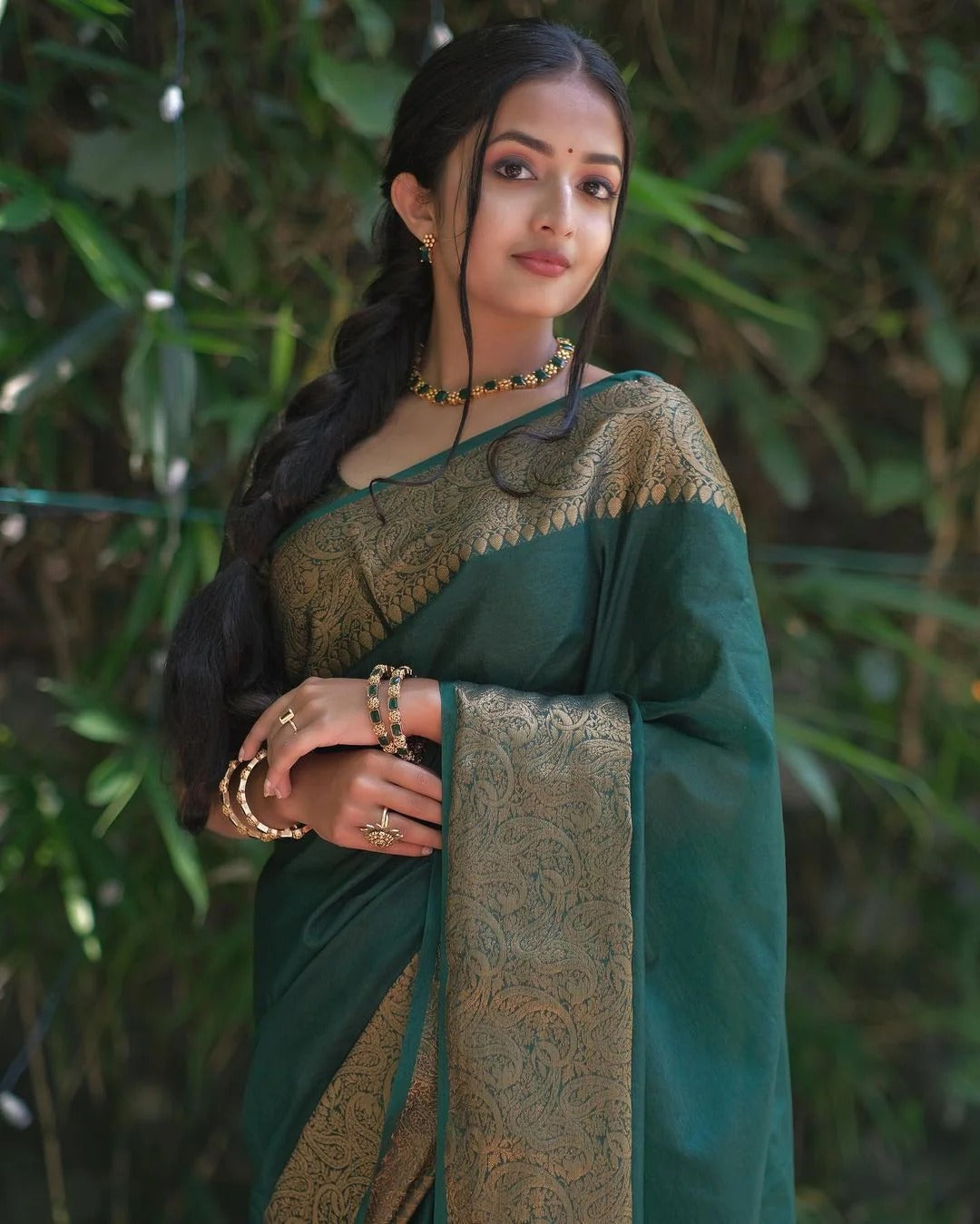 Dark Green Soft Silk Saree with Silver Zari Border and Matching Blouse