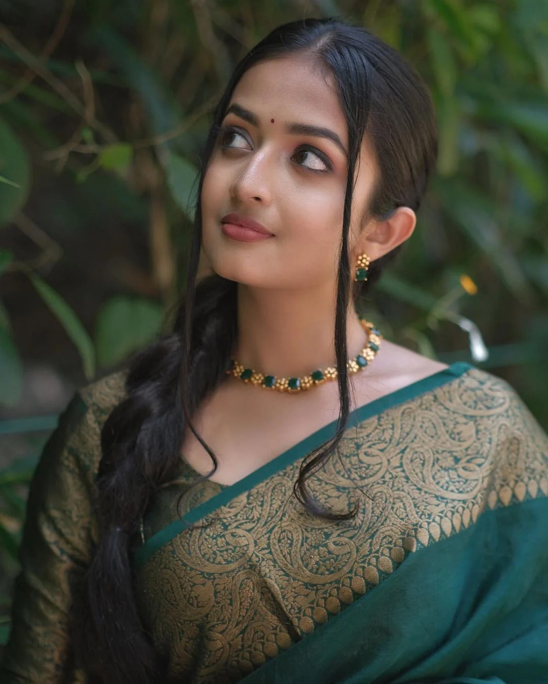 Dark Green Soft Silk Saree with Silver Zari Border and Matching Blouse
