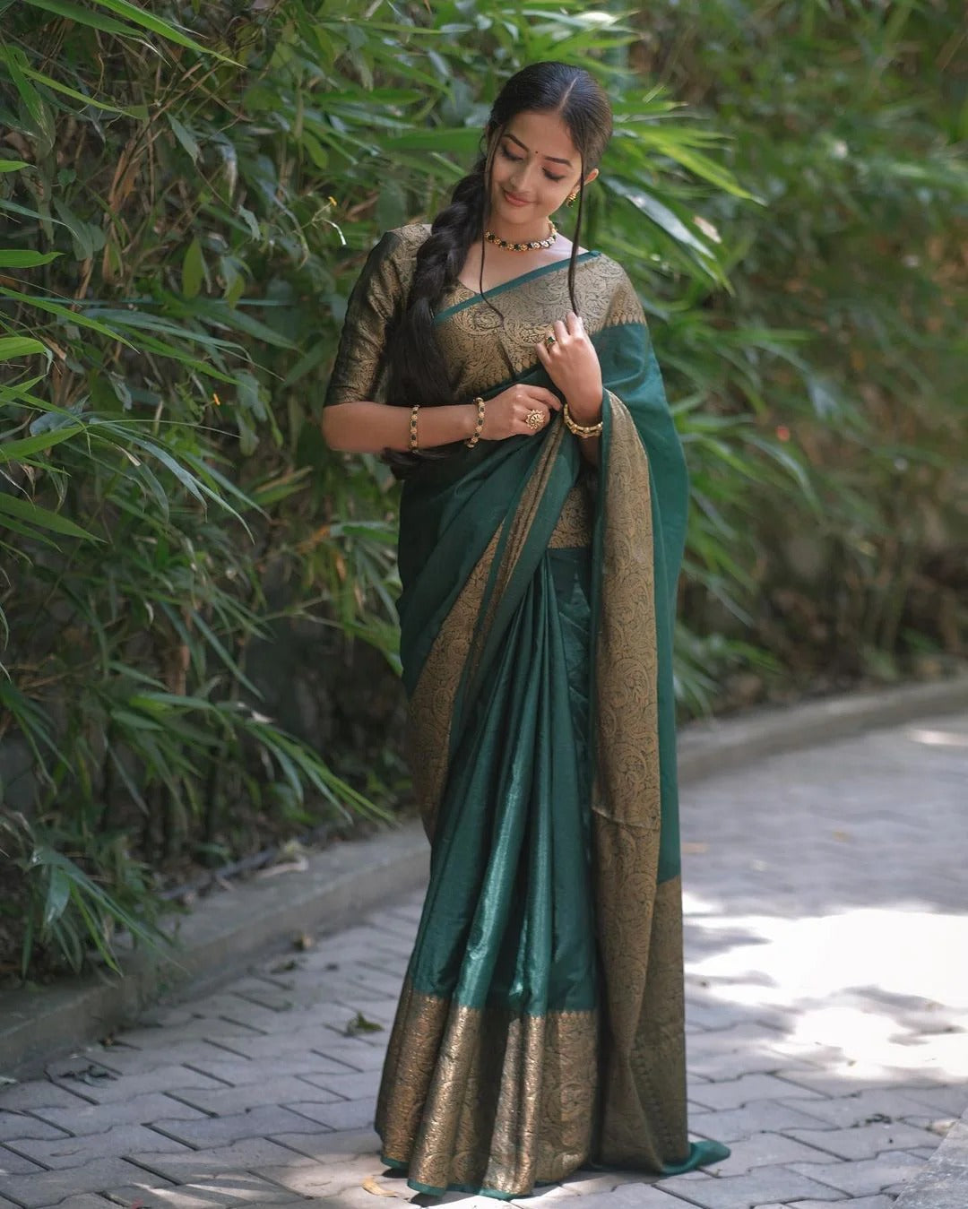 Dark Green Soft Silk Saree with Silver Zari Border and Matching Blouse