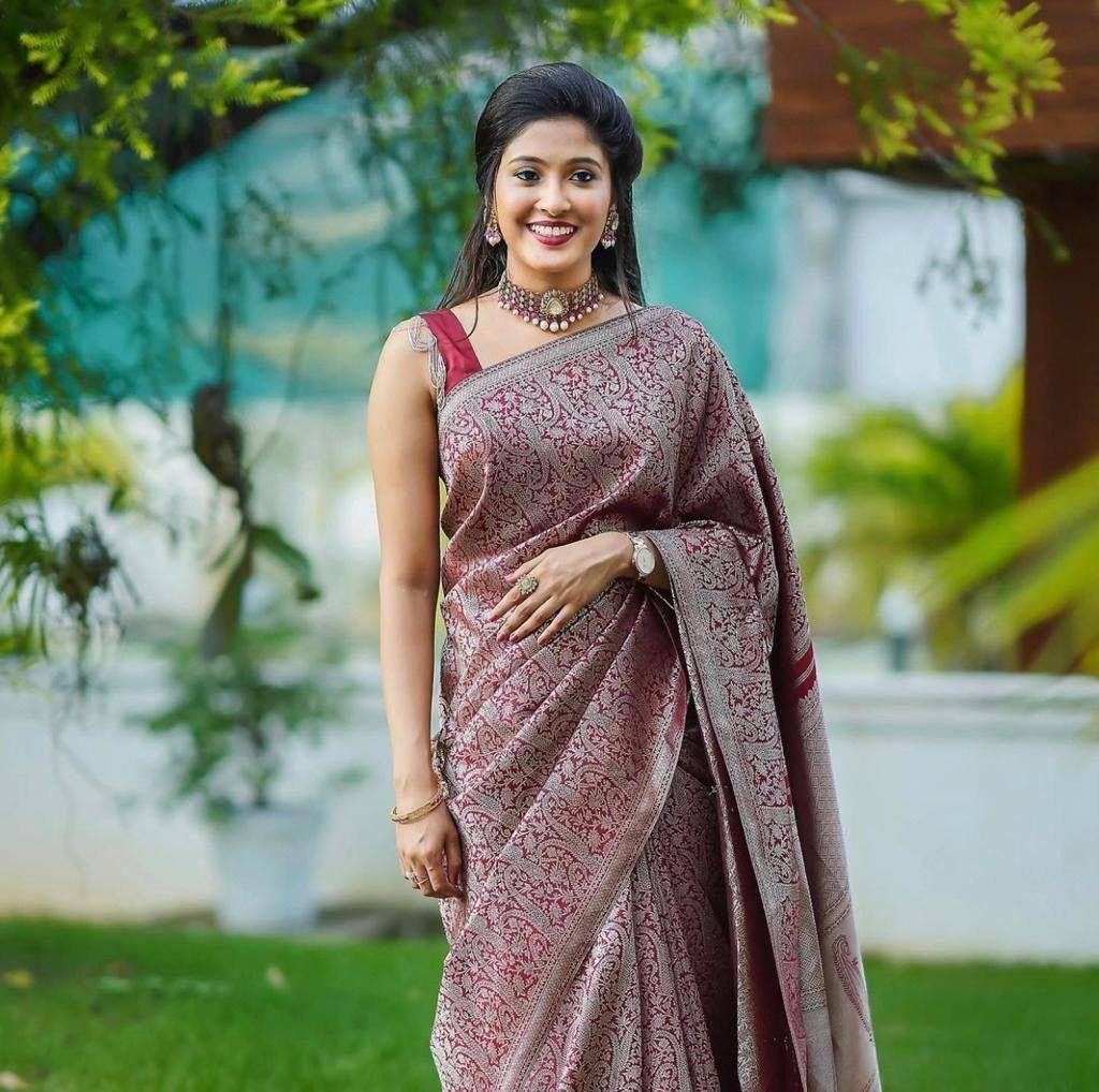 Wine Banarasi Silk Saree with Jacquard Weaving Work
