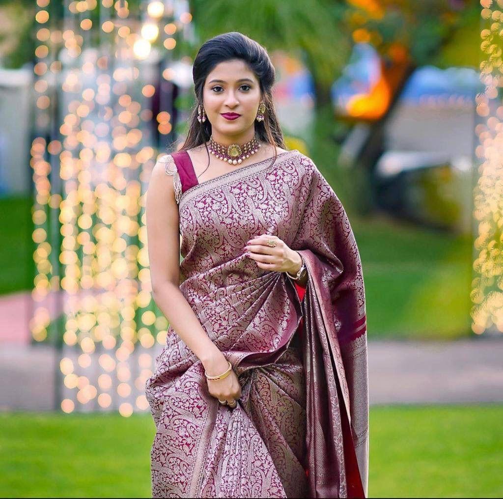 Wine Banarasi Silk Saree with Jacquard Weaving Work