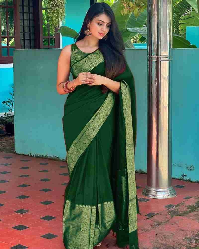 Green Soft Silk Saree with Silver Zari Border and Matching Blouse