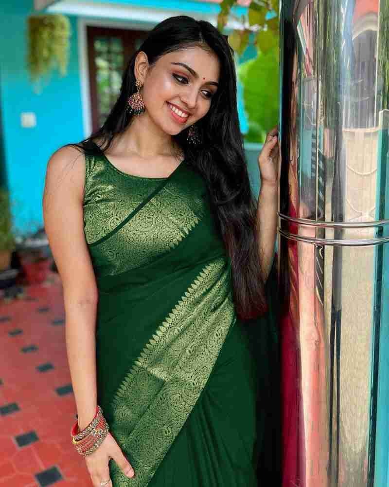 Green Soft Silk Saree with Silver Zari Border and Matching Blouse