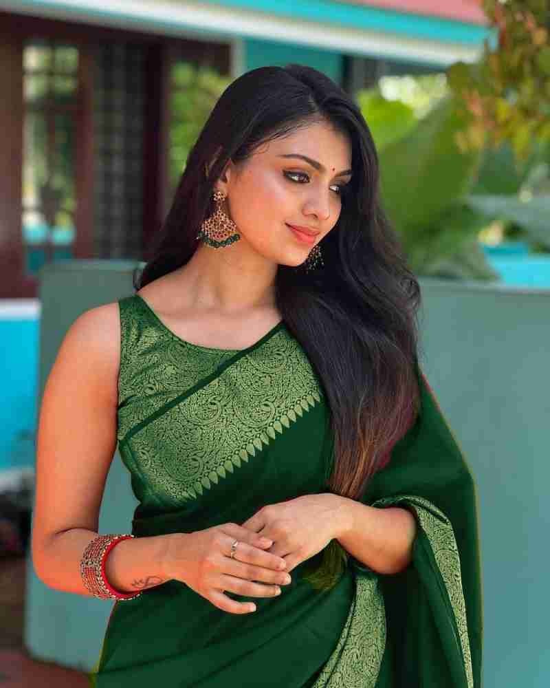 Green Soft Silk Saree with Silver Zari Border and Matching Blouse
