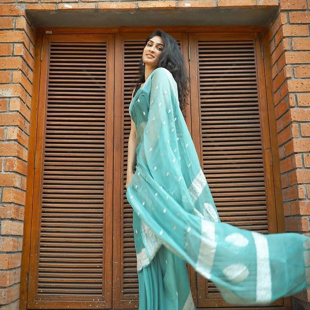 Firozi Soft Silk Saree with Subtle Jacquard and Matching Blouse