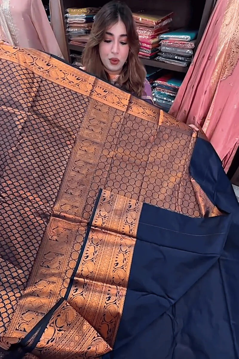 Navy Bue Soft Silk Saree with Jacquard Woven Motifs