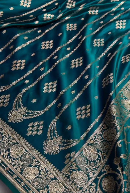 icultural Blue Banarasi Silk Saree with Gold Zari Floral Motifs and Rich Border