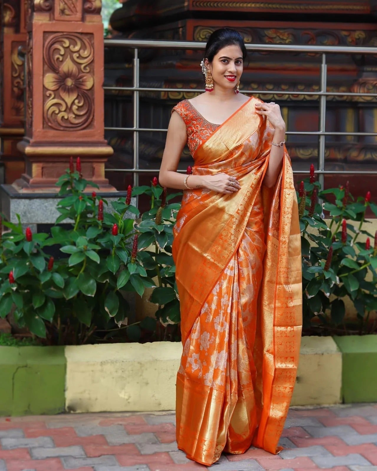 Orange Soft Banarasi Silk Saree with Golden Jacquard Weaving