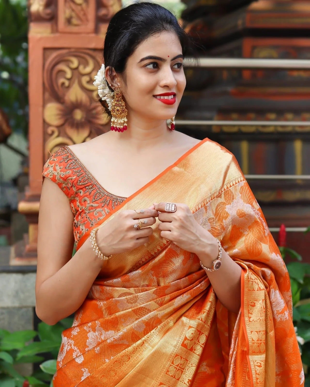 Orange Soft Banarasi Silk Saree with Golden Jacquard Weaving