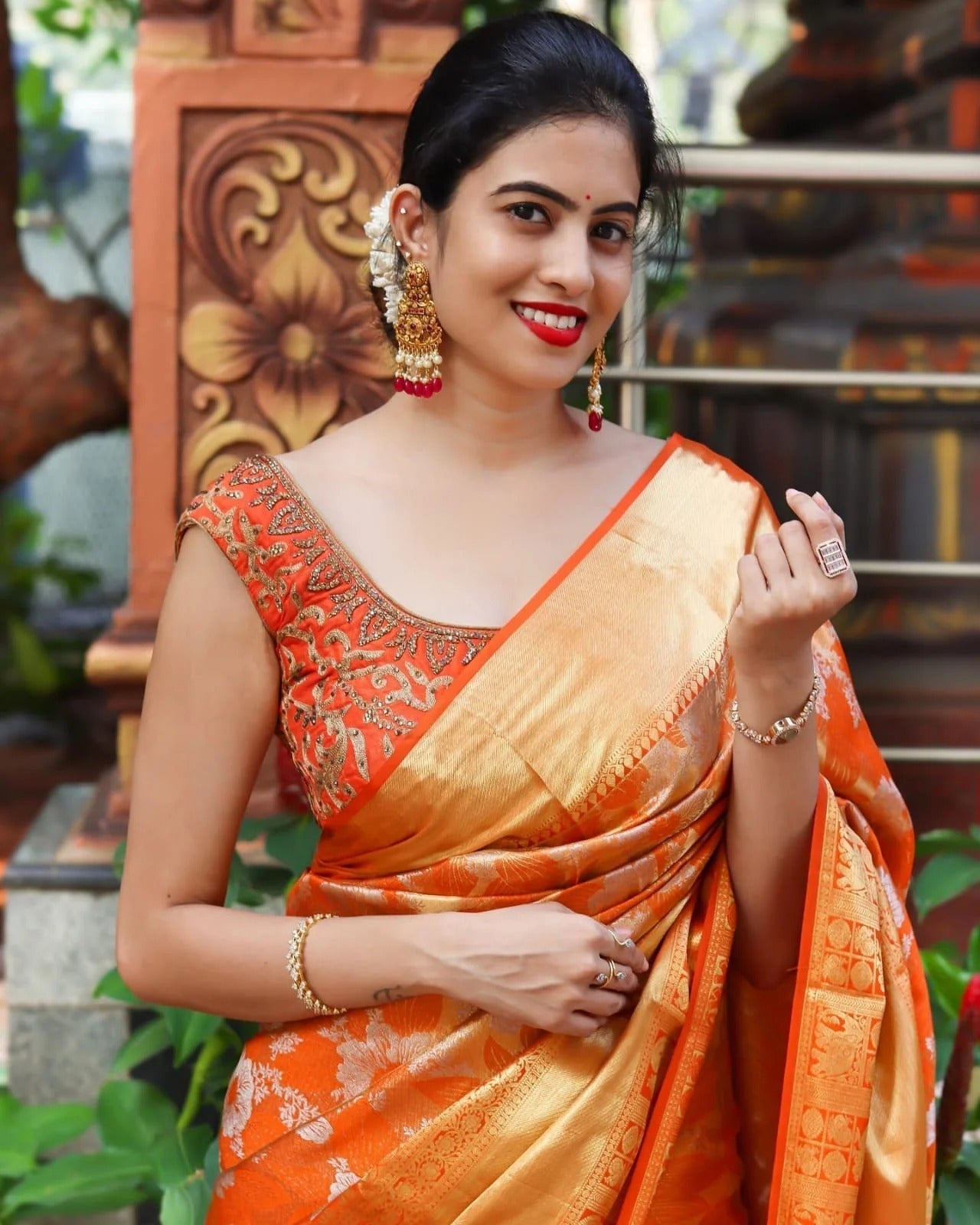 Orange Soft Banarasi Silk Saree with Golden Jacquard Weaving