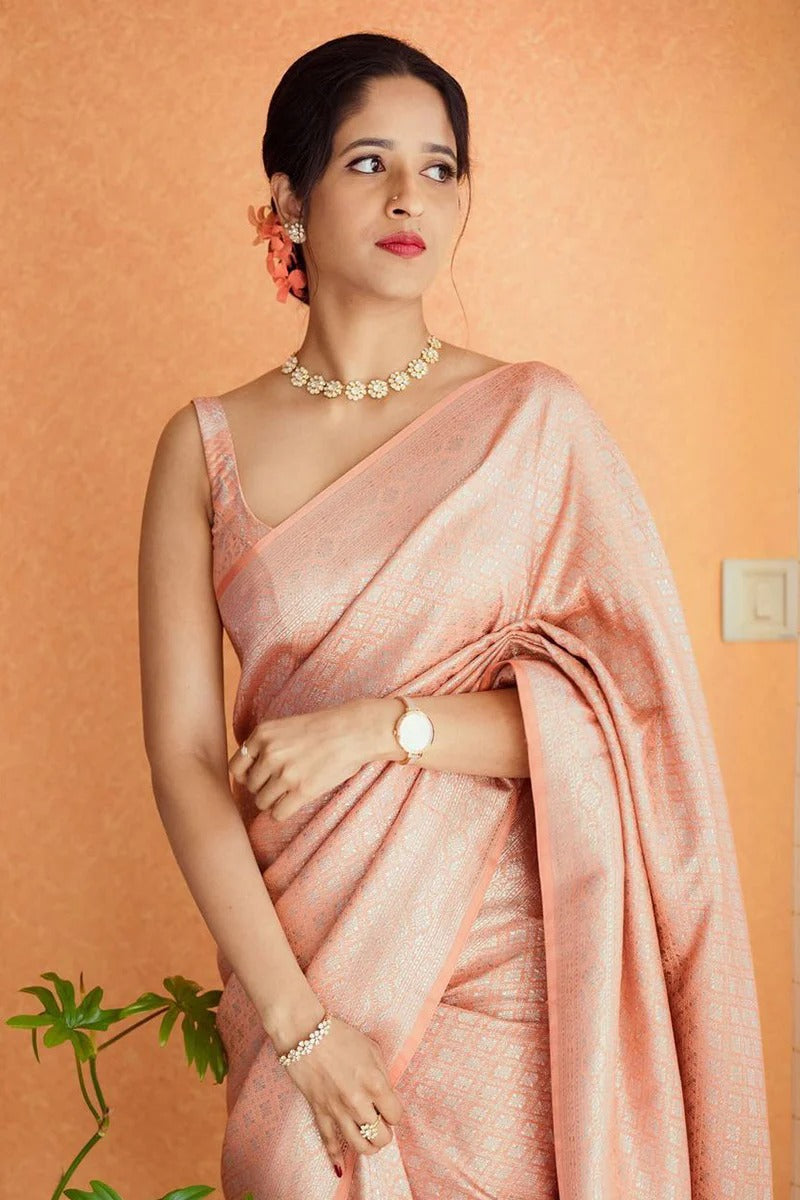 Peach Soft Banarasi Silk Saree with Jacquard Work & Matching Blouse